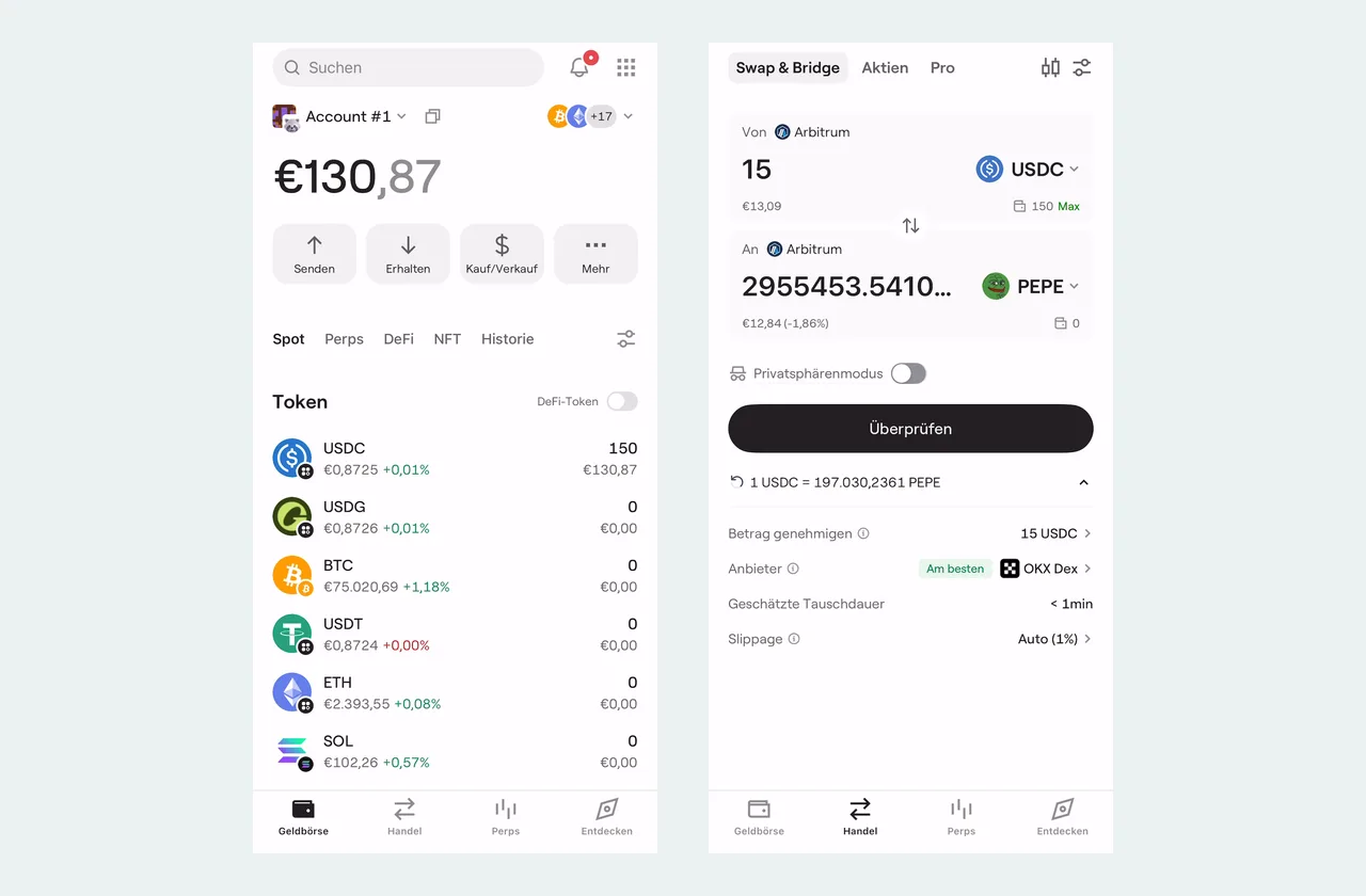 OneKey App Wallet-Übersicht mit Tabs und Swap-Maske mit Anbieterauswahl