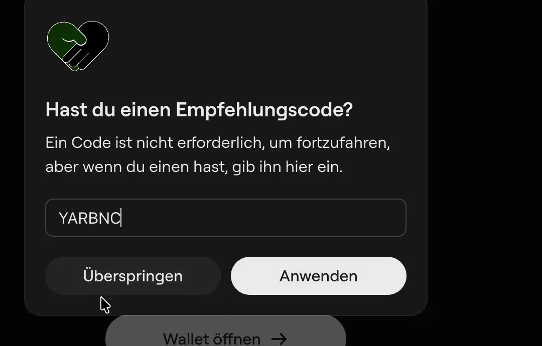 OneKey App: Dialog zur Eingabe des Empfehlungscodes YARBNC beim Hinzufügen der Wallet