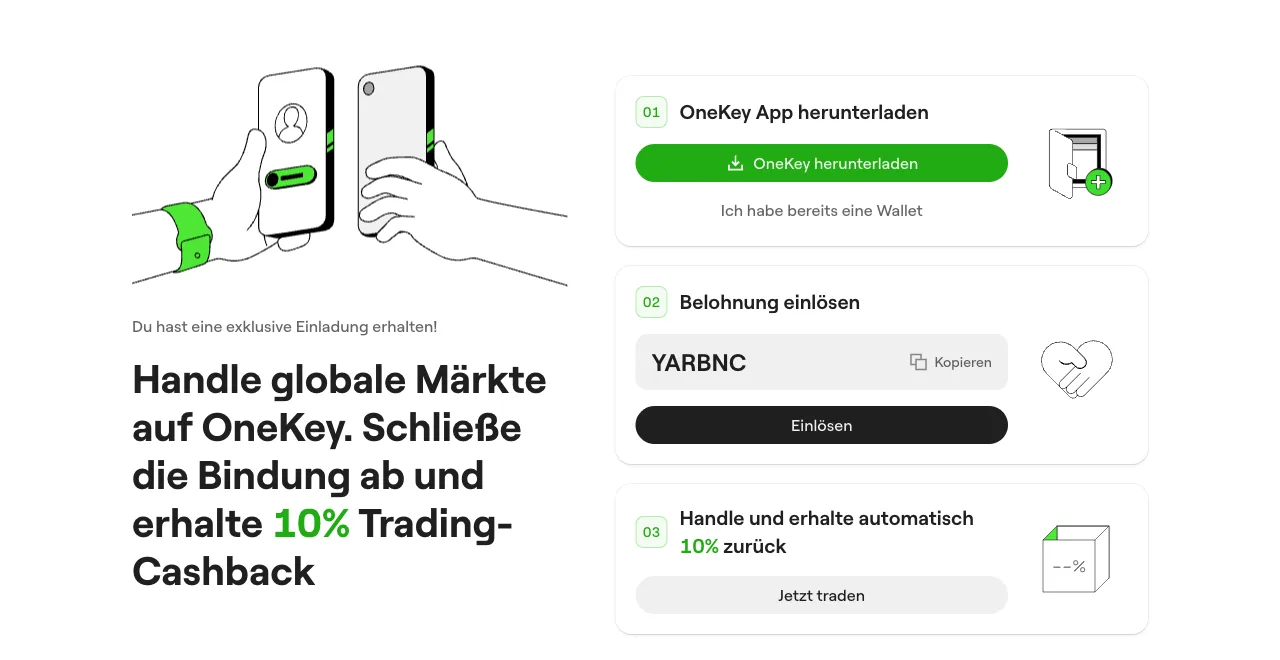 OneKey Landingpage zum Empfehlungscode mit den drei Schritten App herunterladen, Belohnung einlösen und handeln
