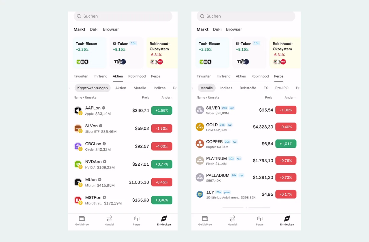 OneKey App Tab Entdecken mit Aktien-Token wie AAPLon und NVDAon sowie Perps-Kategorien