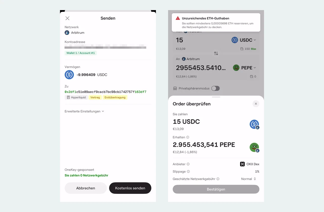 OneKey Bestätigungsfenster mit gesponserter Transaktion und Hinweis auf unzureichendes ETH-Guthaben beim Swap