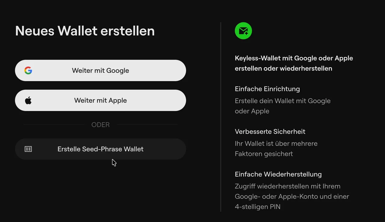 OneKey Keyless-Login: Anmeldung mit Google oder Apple beim Anlegen einer Wallet