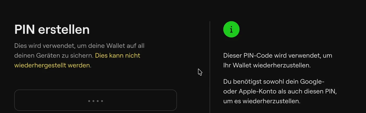 OneKey Keyless-Wallet: Dialog zum Erstellen der vierstelligen PIN