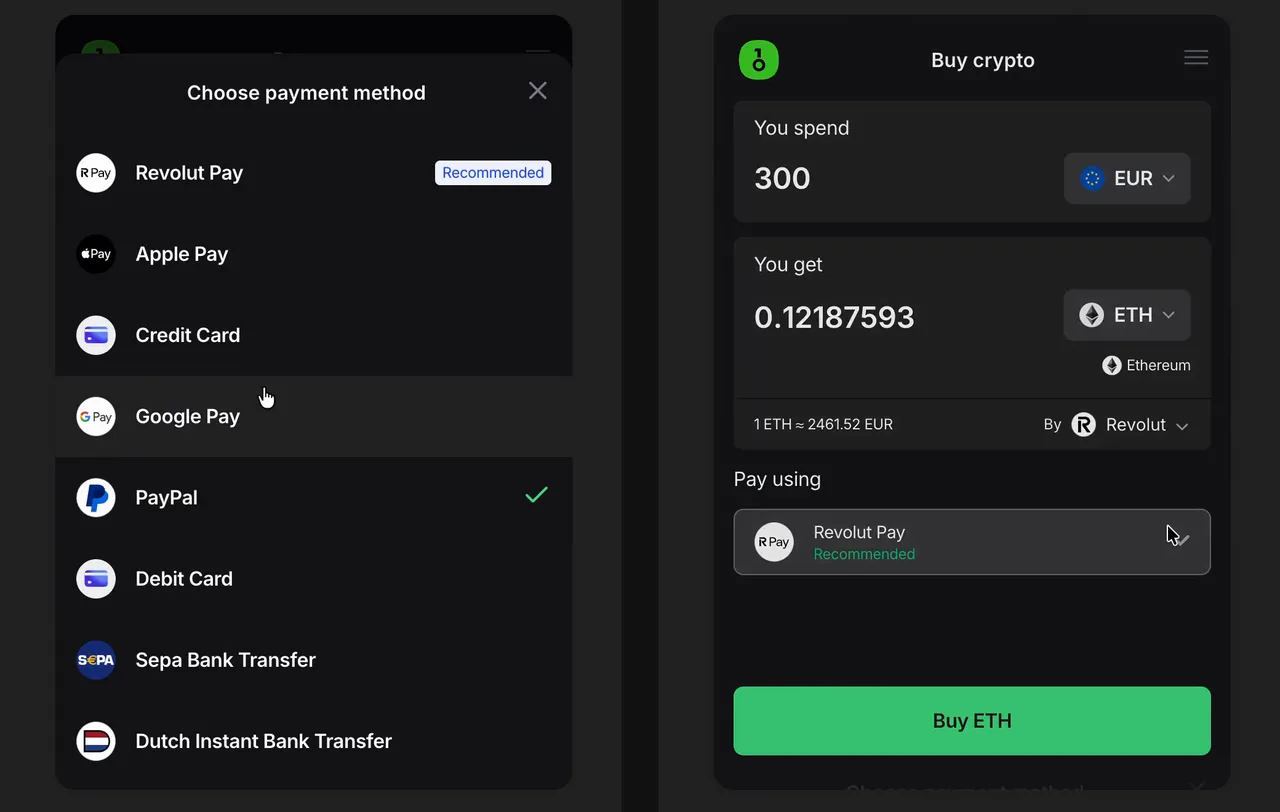 Englischsprachiges Kauf-Widget von Onramper aus der OneKey App mit Zahlungsarten und einem Angebot über 300 Euro in ETH