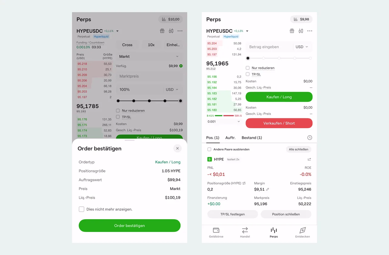 OneKey Perps: Ordermaske für HYPE-USDC und geöffnete Position mit isolierter Margin