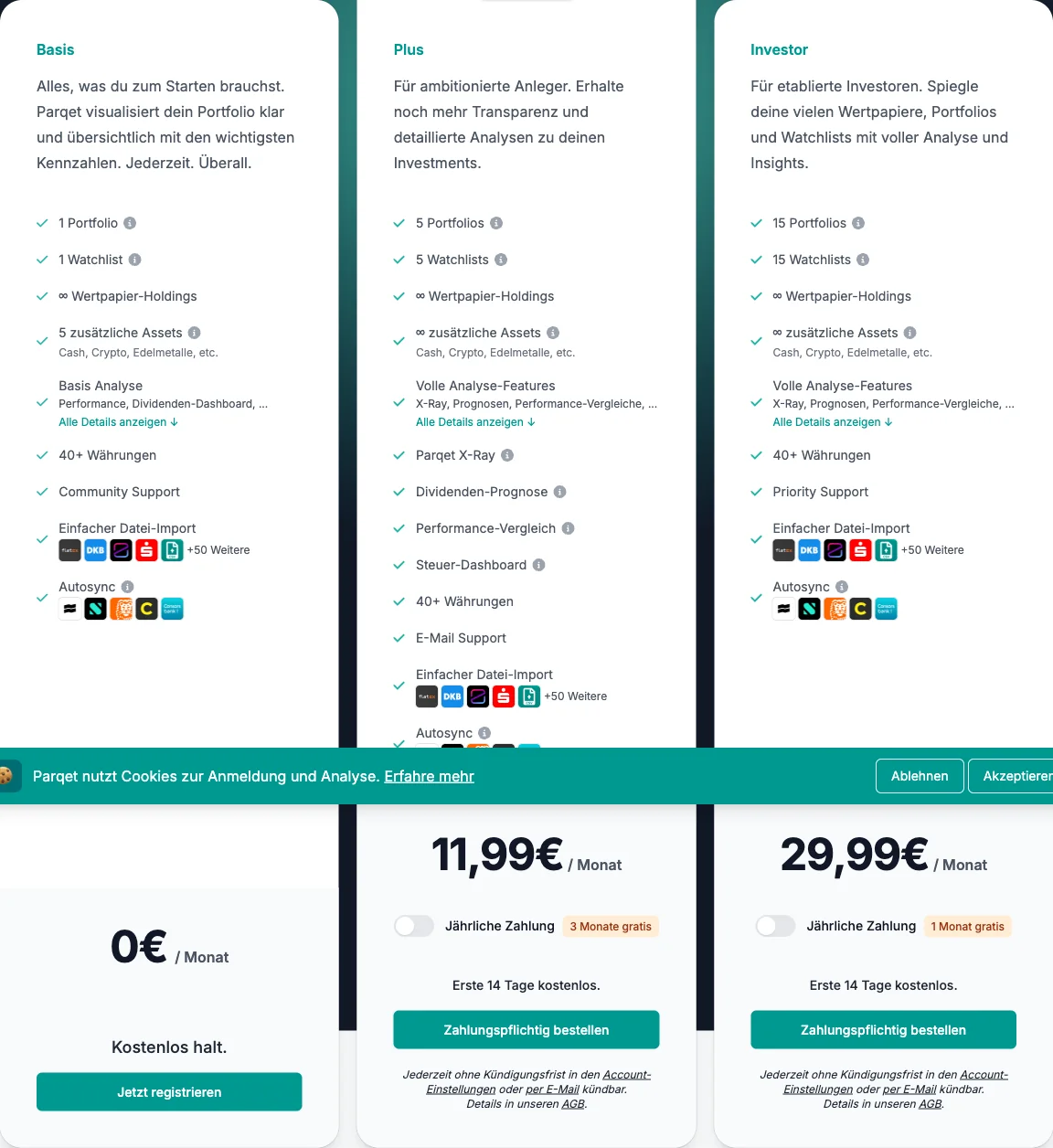Parqet Preisvergleich Basis, Plus und Investor Abo