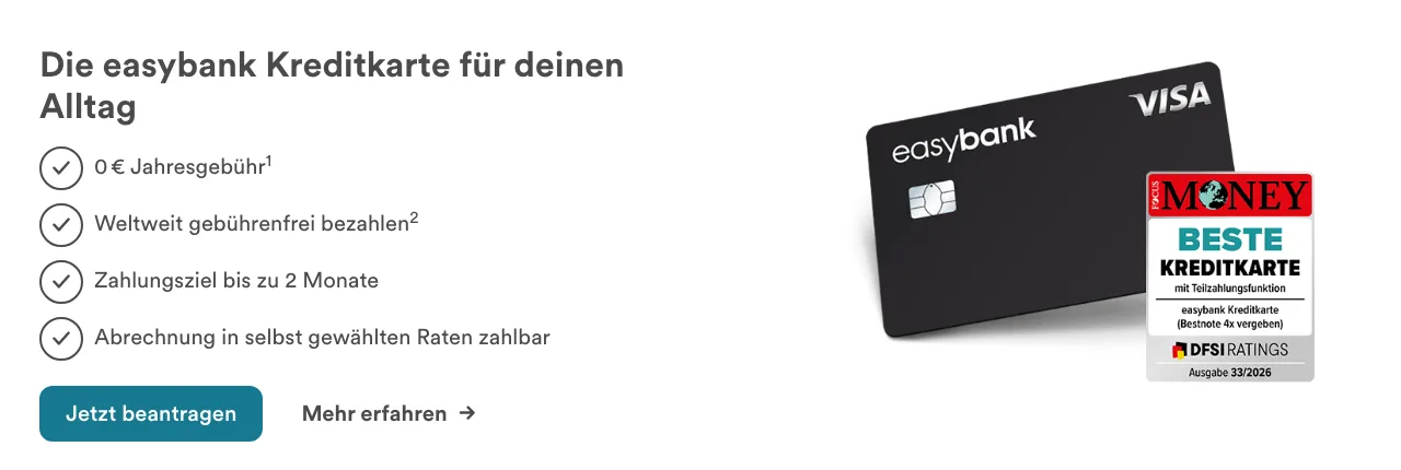 Startseite von easybank Deutschland: easybank Kreditkarte mit 0 Euro Jahresgebühr, weltweit gebührenfrei bezahlen, Zahlungsziel bis zu 2 Monate