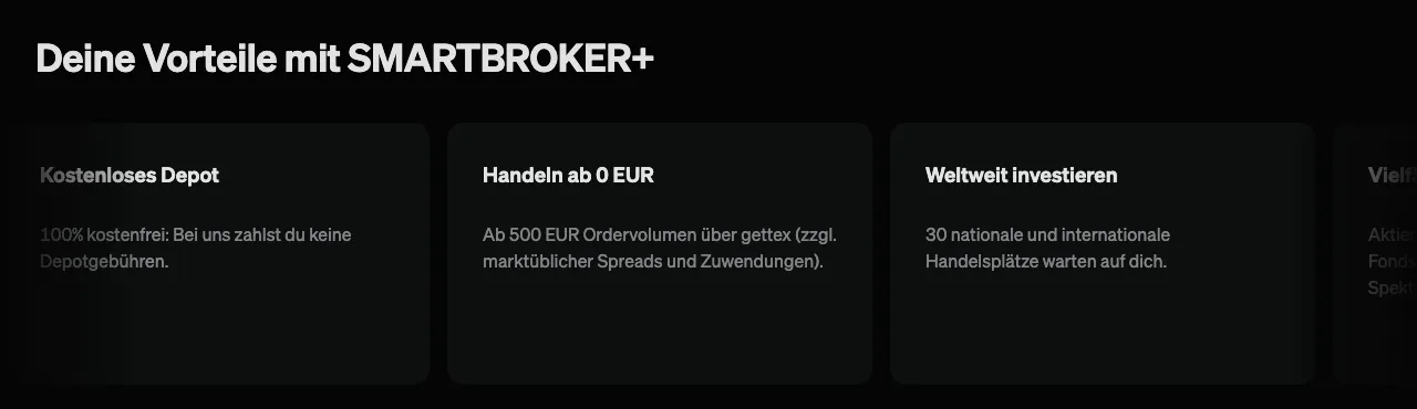 Vorteile-Kacheln auf smartbrokerplus.de: kostenloses Depot, Handeln ab 0 Euro ab 500 Euro Ordervolumen über gettex, 30 Handelsplätze