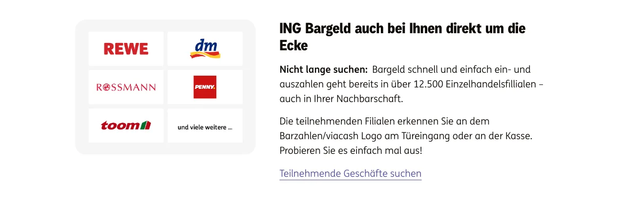 Partnerfilialen für ING Bargeld, darunter REWE, Penny und dm