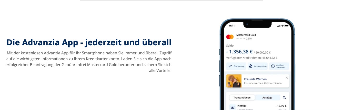 Advanzia App mit Mastercard Gold Dashboard und Kartenverwaltung