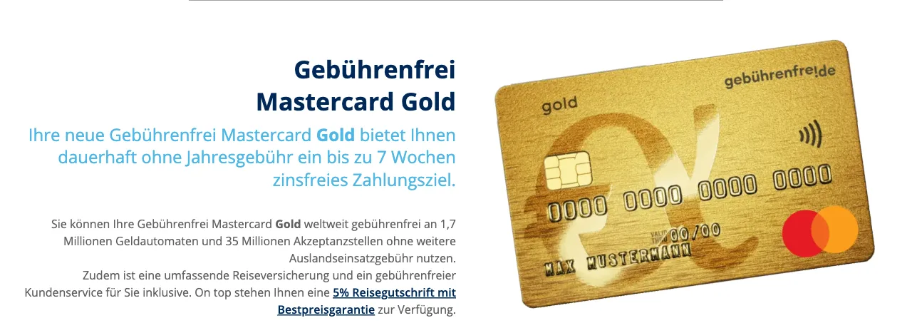 Produktseite der Gebührenfrei Mastercard Gold mit dem Hinweis auf ein bis zu 7 Wochen zinsfreies Zahlungsziel