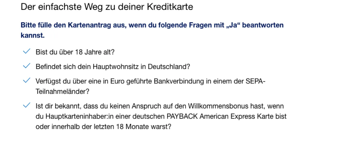 AMEX Payback Kreditkarte Antragsvoraussetzungen im Eligibility-Check auf americanexpress.com