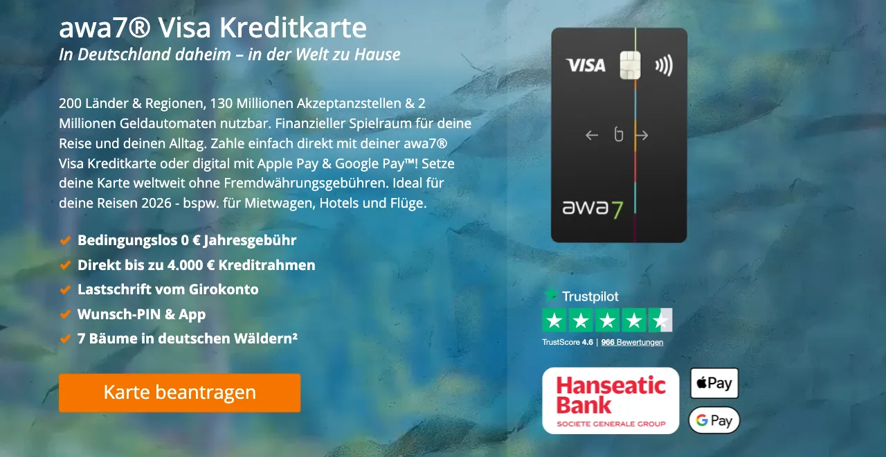 awa7 Kreditkarte Startseite mit Konditionen, Trustpilot-Bewertung und Hanseatic Bank Logo