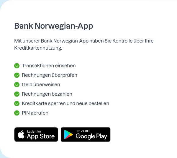 Bank Norwegian App Screenshot: Kreditkarte digital verwalten, Verifizierung und Mobile Payment per Smartphone