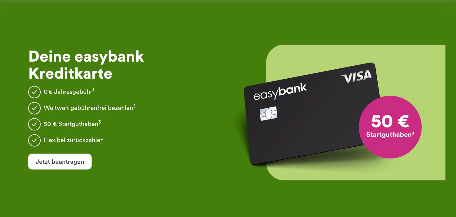 easybank Visa Kreditkarte Hero - Echte Kreditkarte ohne Grundgebühr mit 50€ Startguthaben