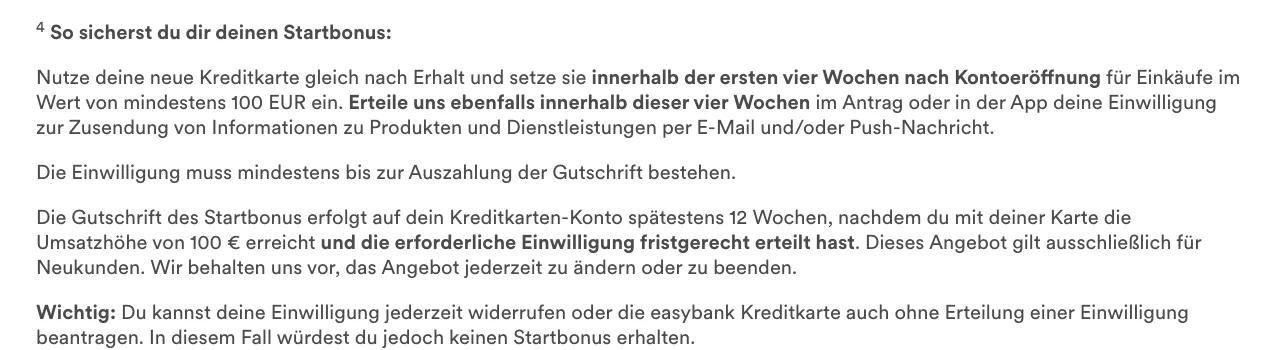 Fußnote der easybank zum Startbonus: 100 Euro Umsatz in den ersten vier Wochen, Marketing-Einwilligung, Gutschrift spätestens 12 Wochen später, nur für Neukunden