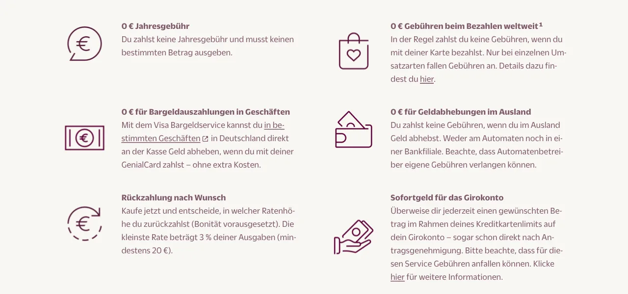 Vorteile der GenialCard laut Hanseatic Bank: 0 Euro Jahresgebühr, 0 Euro Bargeld in Geschäften und im Ausland, Rückzahlung nach Wunsch