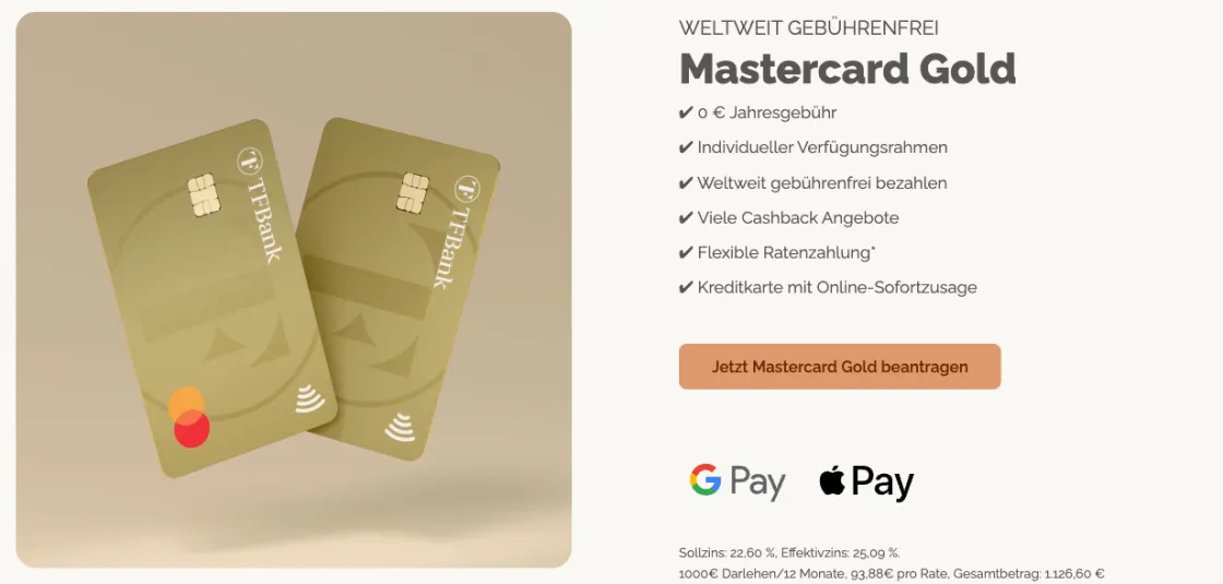 TF Bank Mastercard Gold: zwei goldene Karten, Vorteilsliste mit 0 € Jahresgebühr, Verfügungsrahmen und Online-Sofortzusage, Google Pay und Apple Pay
