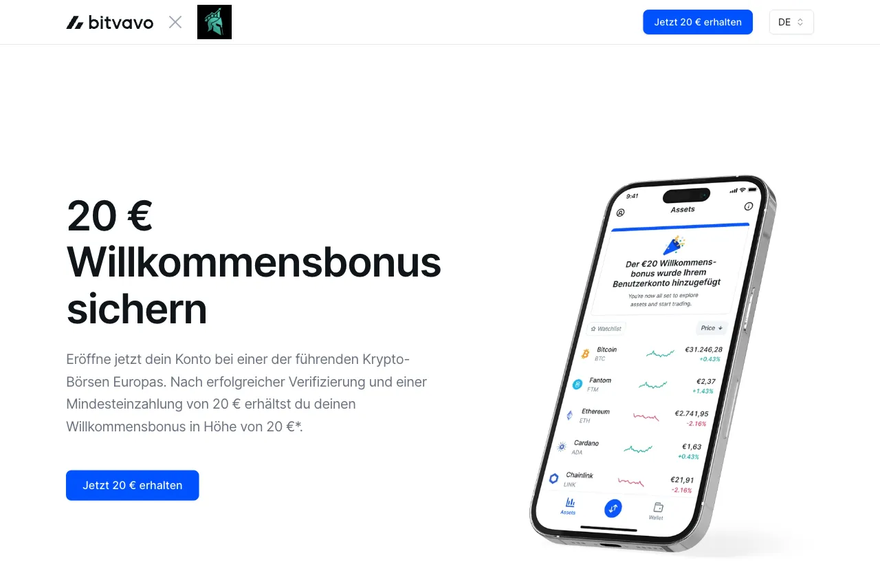 Bitvavo Aktionsseite: 20 € Willkommensbonus nach Verifizierung und 20 € Mindesteinzahlung