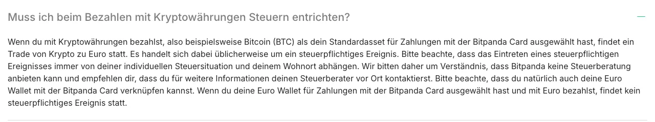 FAQ-Antwort auf der Bitpanda-Card-Seite: Beim Bezahlen mit Kryptowährungen findet ein Trade von Krypto zu Euro statt, üblicherweise ein steuerpflichtiges Ereignis