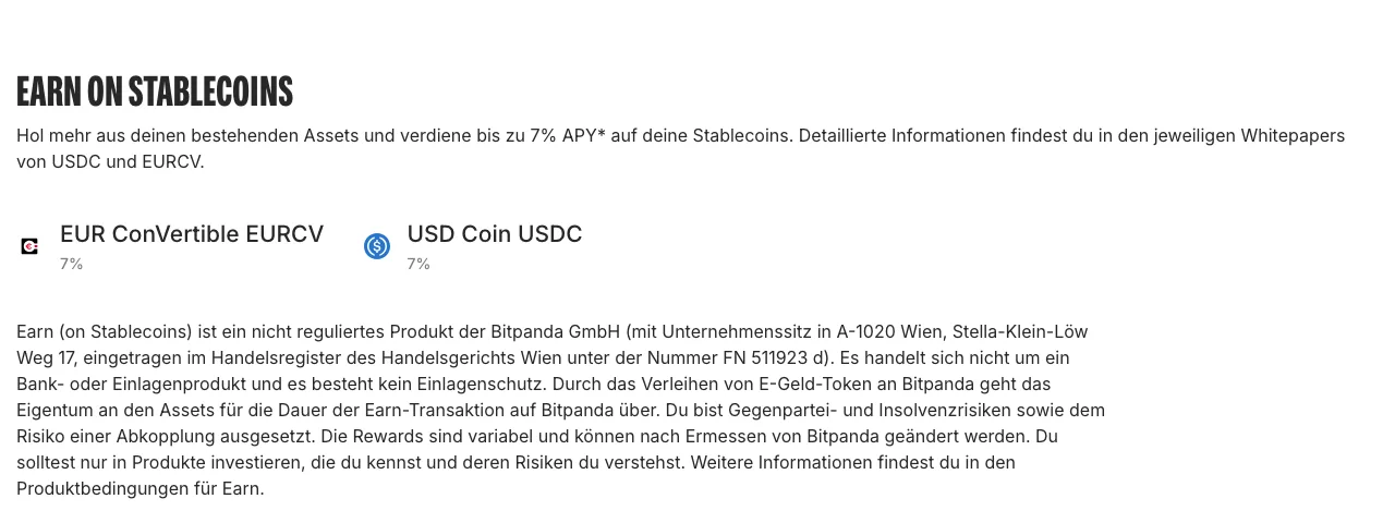 Bitpanda Earn on Stablecoins mit bis zu 7 Prozent auf EURCV und USDC und dem Hinweis, dass es sich um ein nicht reguliertes Produkt handelt