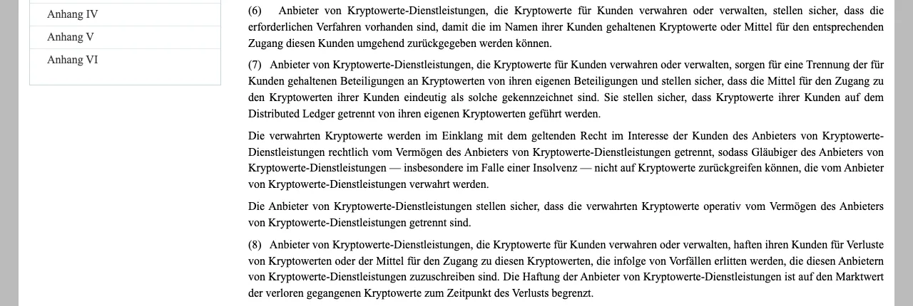 Auszug aus MiCAR Artikel 75 Absatz 6 bis 8 auf EUR-Lex: Trennung der Kundenkryptowerte, kein Zugriff der Gläubiger bei Insolvenz, Haftung bis zum Marktwert