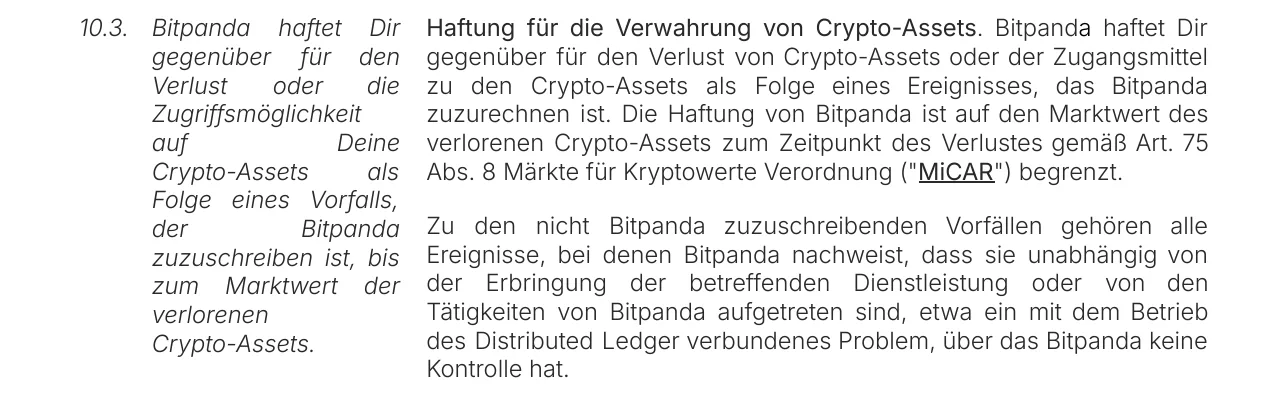 Ziffer 10.3 der Bitpanda-Nutzungsvereinbarung Version 2.0.1: Haftung für die Verwahrung von Crypto-Assets, begrenzt auf den Marktwert gemäß Artikel 75 Absatz 8 MiCAR