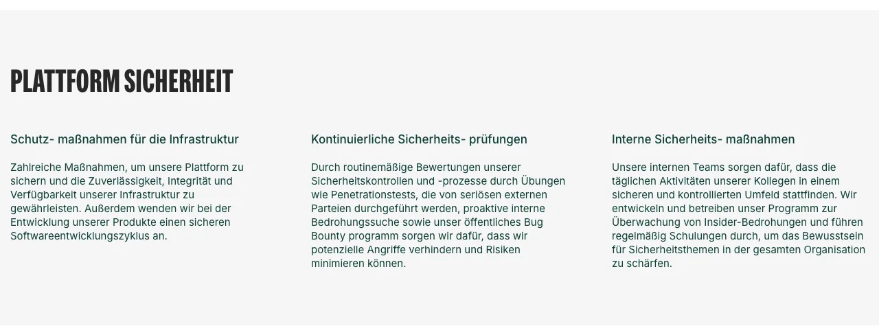 Abschnitt Plattform-Sicherheit auf der Bitpanda-Sicherheitsseite mit den Punkten Infrastruktur, Penetrationstests durch externe Parteien, Bug Bounty und interne Maßnahmen