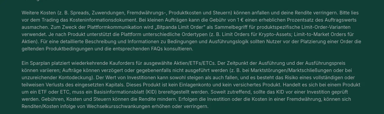 Disclaimer auf der Bitpanda-Aktienseite: Sparplan-Aufträge können verzögert oder gegebenenfalls nicht ausgeführt werden, etwa bei Marktstörungen oder unzureichender Kontodeckung
