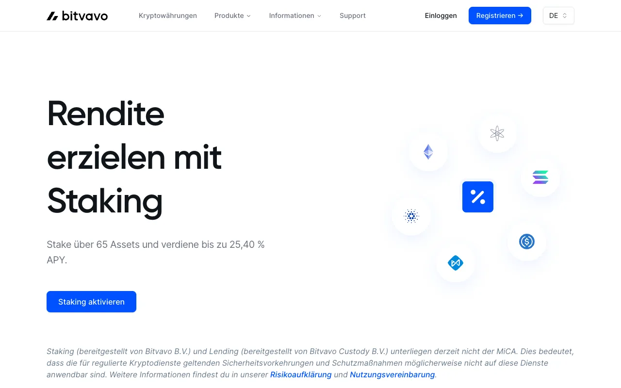 Bitvavo Staking-Seite: über 65 Assets, bis zu 25,40 % APY und Hinweis, dass Staking nicht unter MiCA fällt