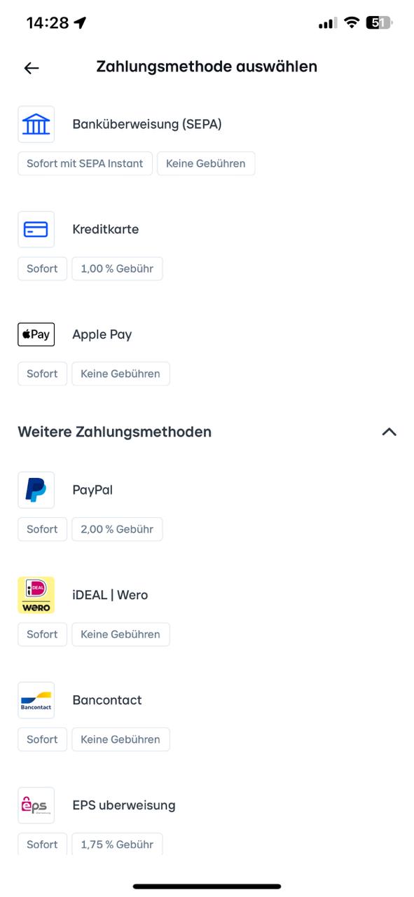 Bitvavo Einzahlungsmethoden, SEPA und Apple Pay kostenlos, PayPal und Sofort mit Gebühren